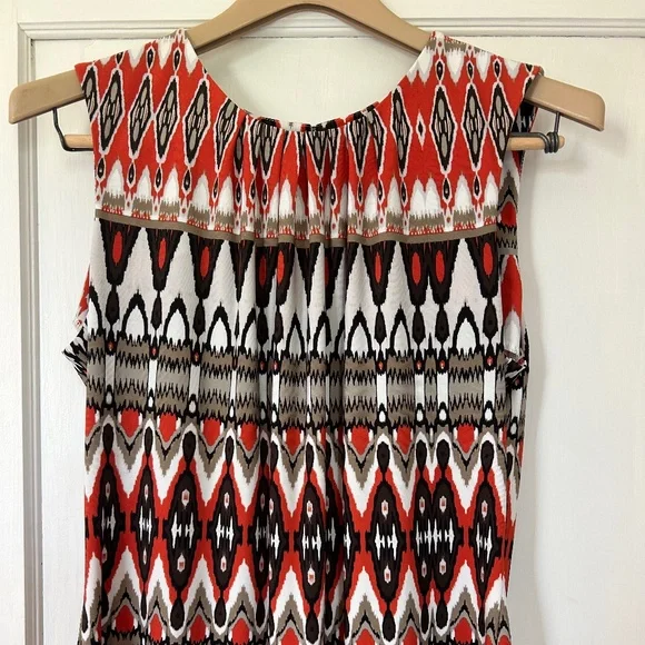 Calvin Klein Sleeveless Blouse Abstract Geometric Orange Tan Black White Ikat - Picture 2 of 13